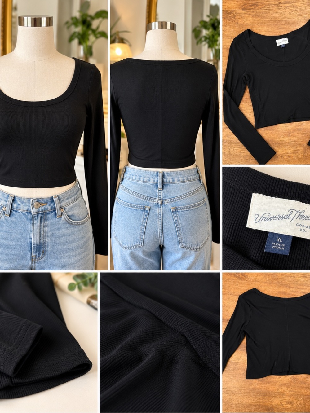 Universal Thread Black Ribbed Long-Sleeve Scoop Crop Top